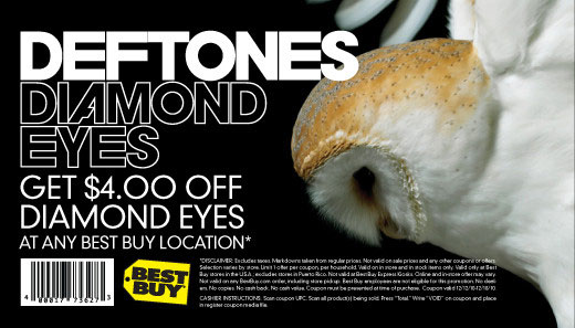 Купон на скидку $4 при покупке альбома «Diamond Eyes» группы Deftones в магазинах Best Buy