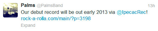 Группа Palms сообщает в Твиттере, что их дебютный альбом выйдет в начале 2013 года