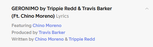 Скриншот с сайта Genius. «Geronimo» by Trippie Redd & Travis Barker (Ft. Chino Moreno)